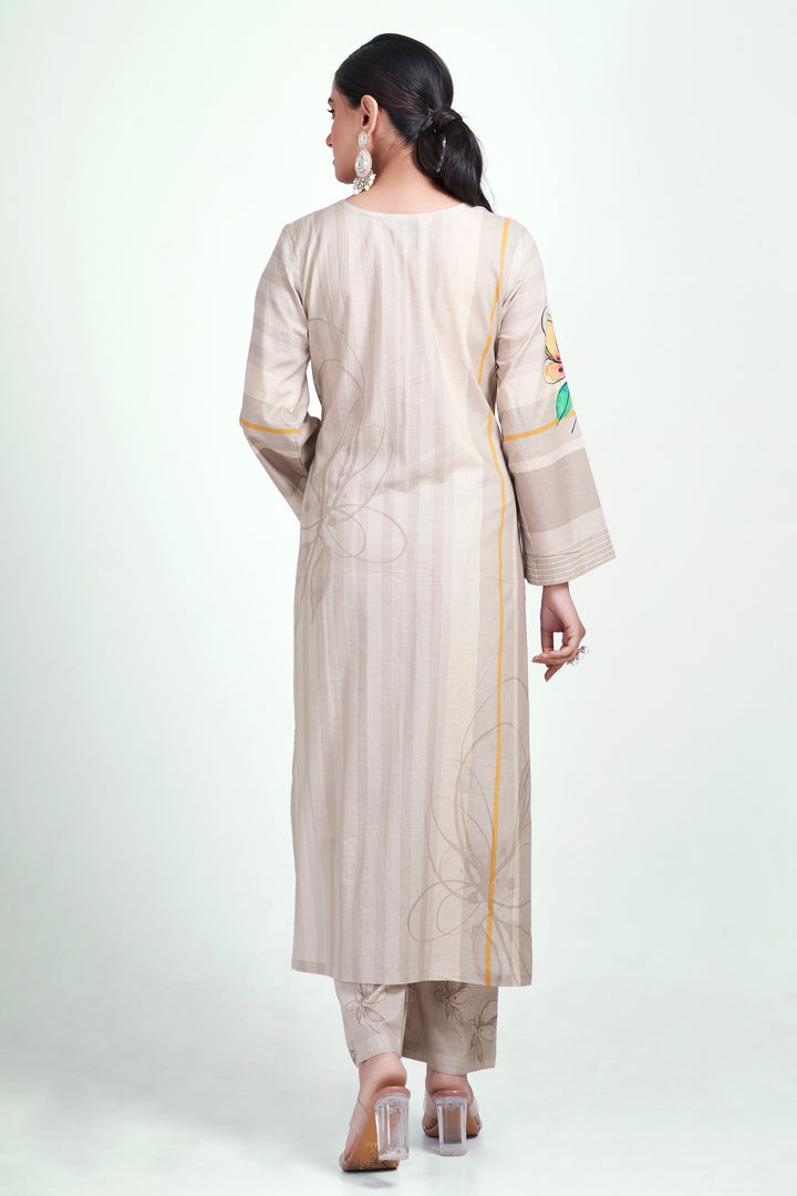 Floral Printed Kurta & Pant - Hand Embroidered - Set of 2 - Greenish Beige - Muslin Silk