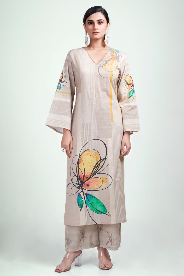 Floral Printed Kurta & Pant - Hand Embroidered - Set of 2 - Greenish Beige - Muslin Silk