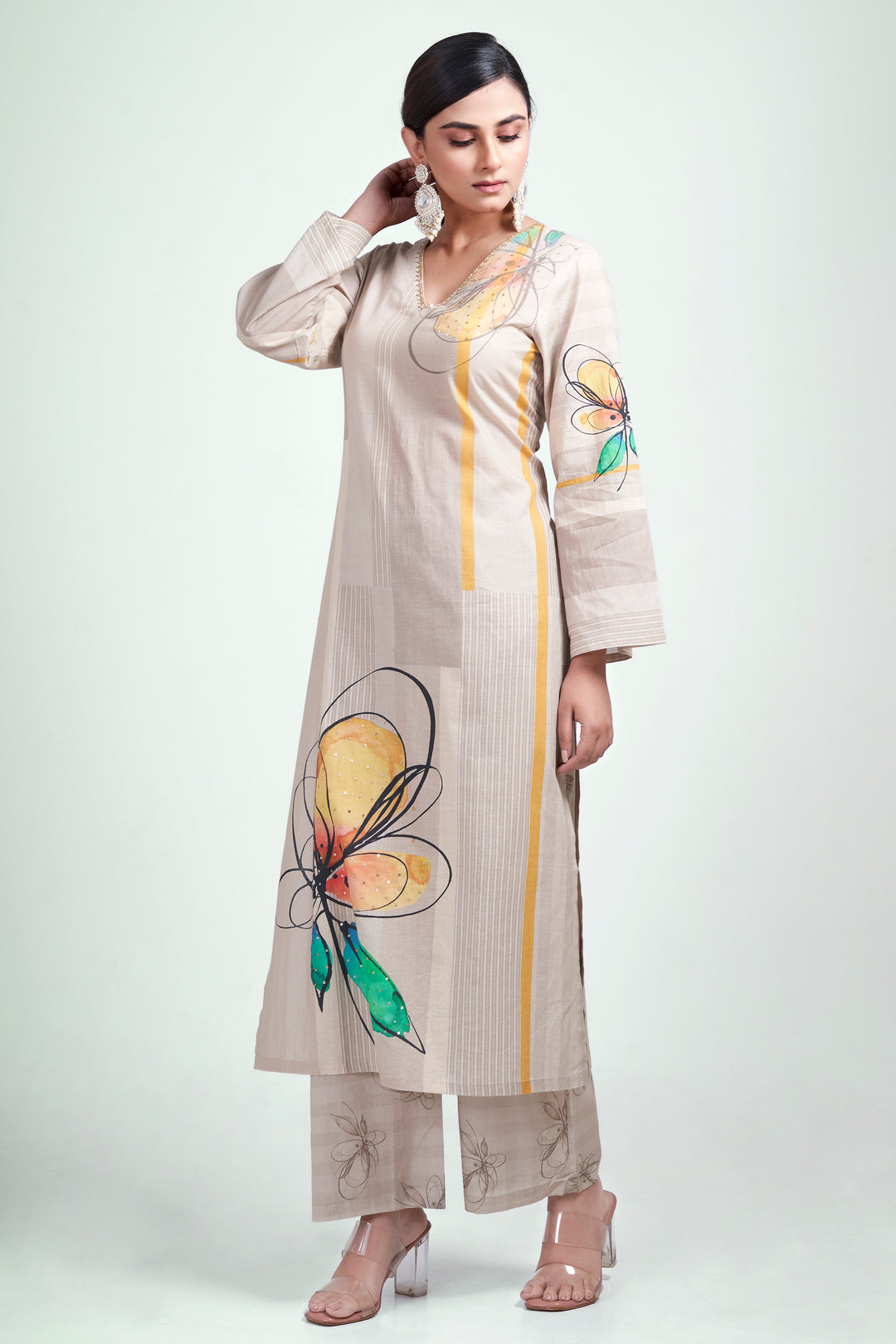 Floral Printed Kurta & Pant - Hand Embroidered - Set of 2 - Greenish Beige - Muslin Silk