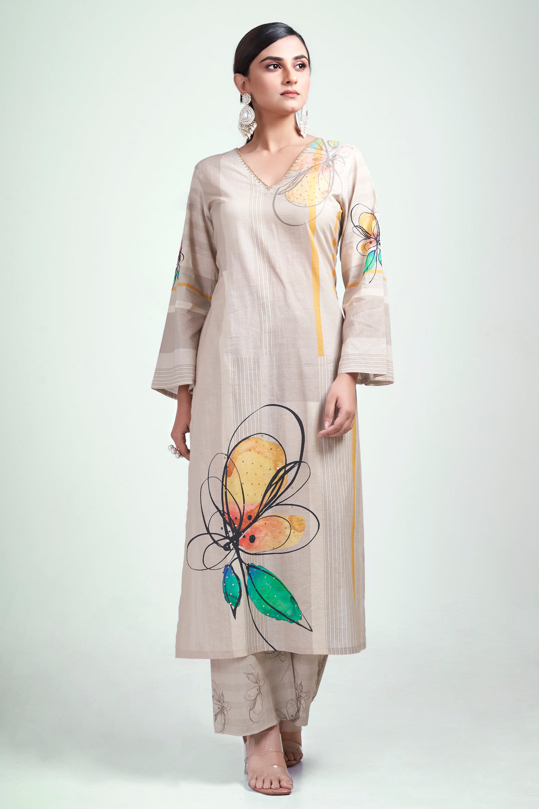 Floral Printed Kurta & Pant - Hand Embroidered - Set of 2 - Greenish Beige - Muslin Silk