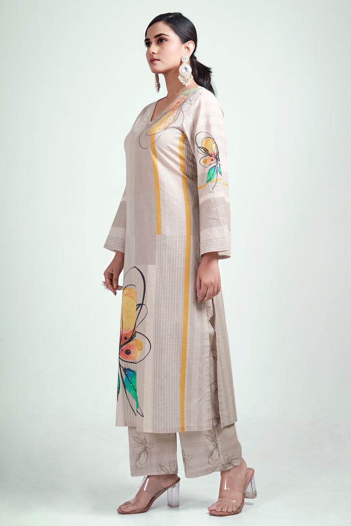 Floral Printed Kurta & Pant - Hand Embroidered - Set of 2 - Greenish Beige - Muslin Silk