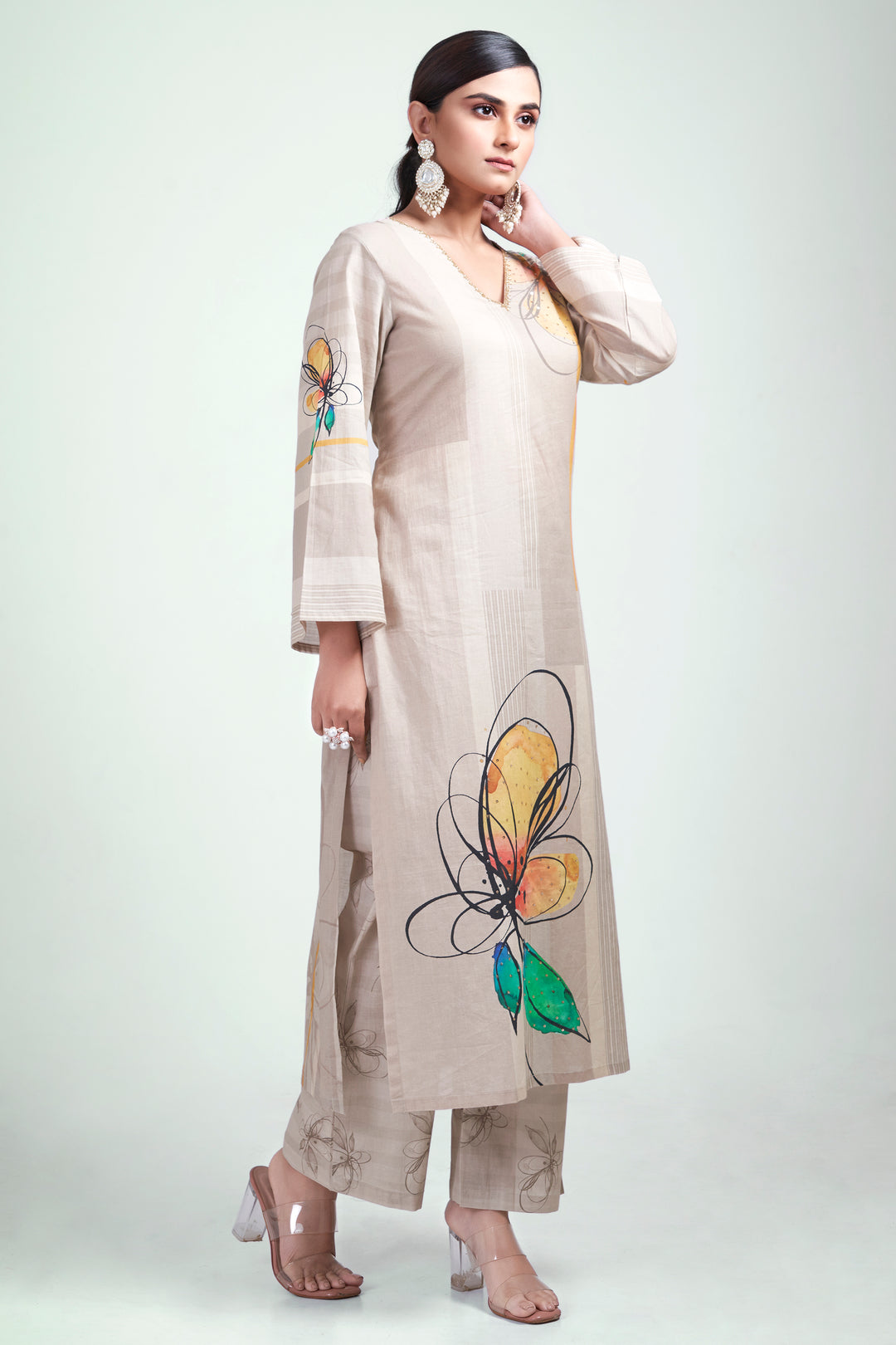 Floral Printed Kurta & Pant - Hand Embroidered - Set of 2 - Greenish Beige - Muslin Silk
