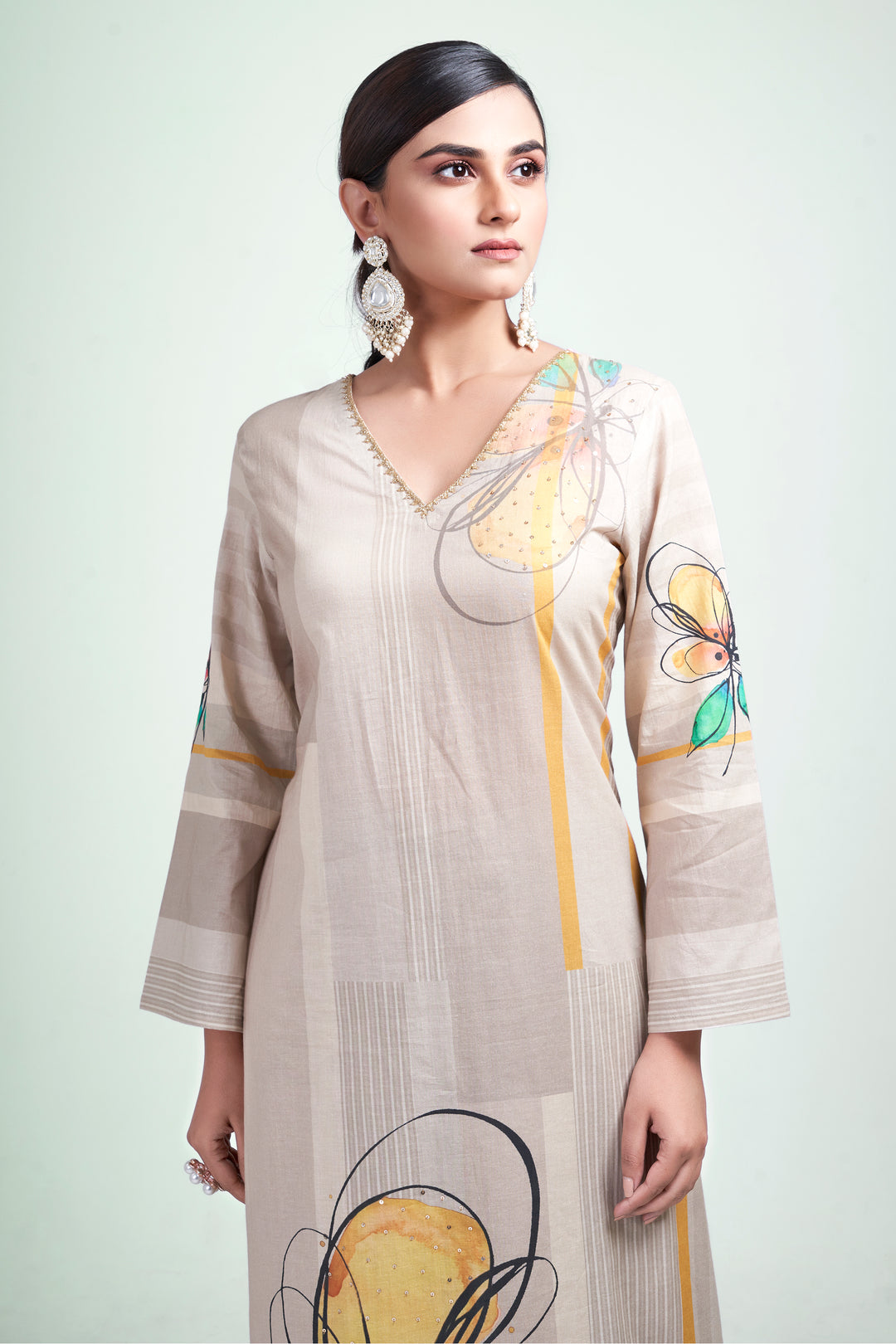 Floral Printed Kurta & Pant - Hand Embroidered - Set of 2 - Greenish Beige - Muslin Silk