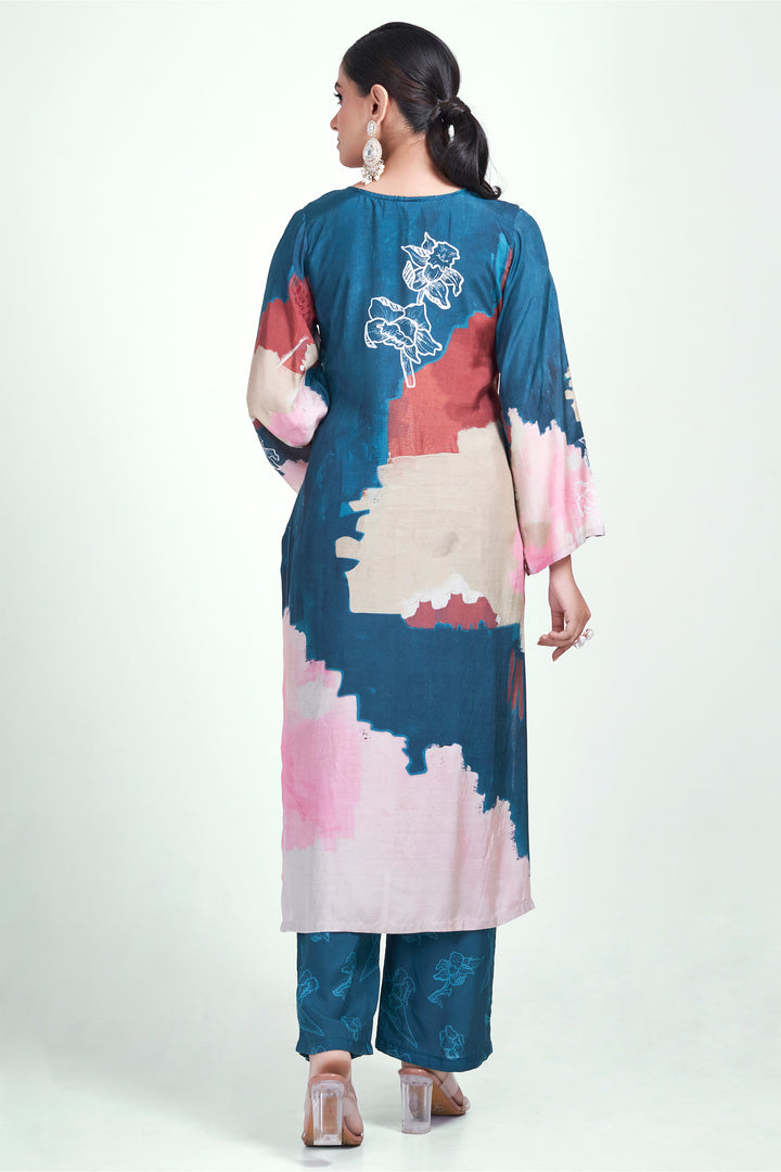 Floral Printed Kurta & Pant - Set of 2 - Blue - Muslin Silk