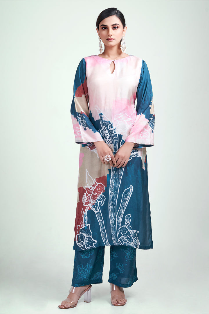 Floral Printed Kurta & Pant - Set of 2 - Blue - Muslin Silk