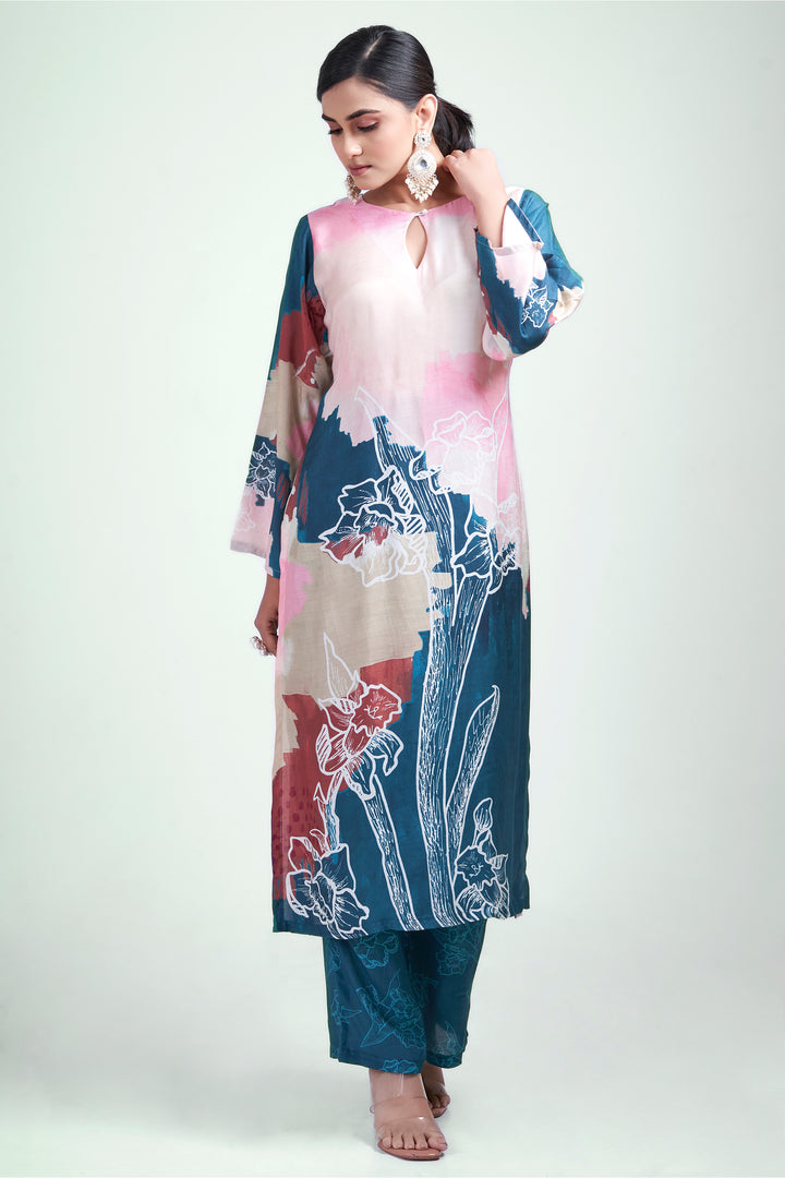 Floral Printed Kurta & Pant - Set of 2 - Blue - Muslin Silk