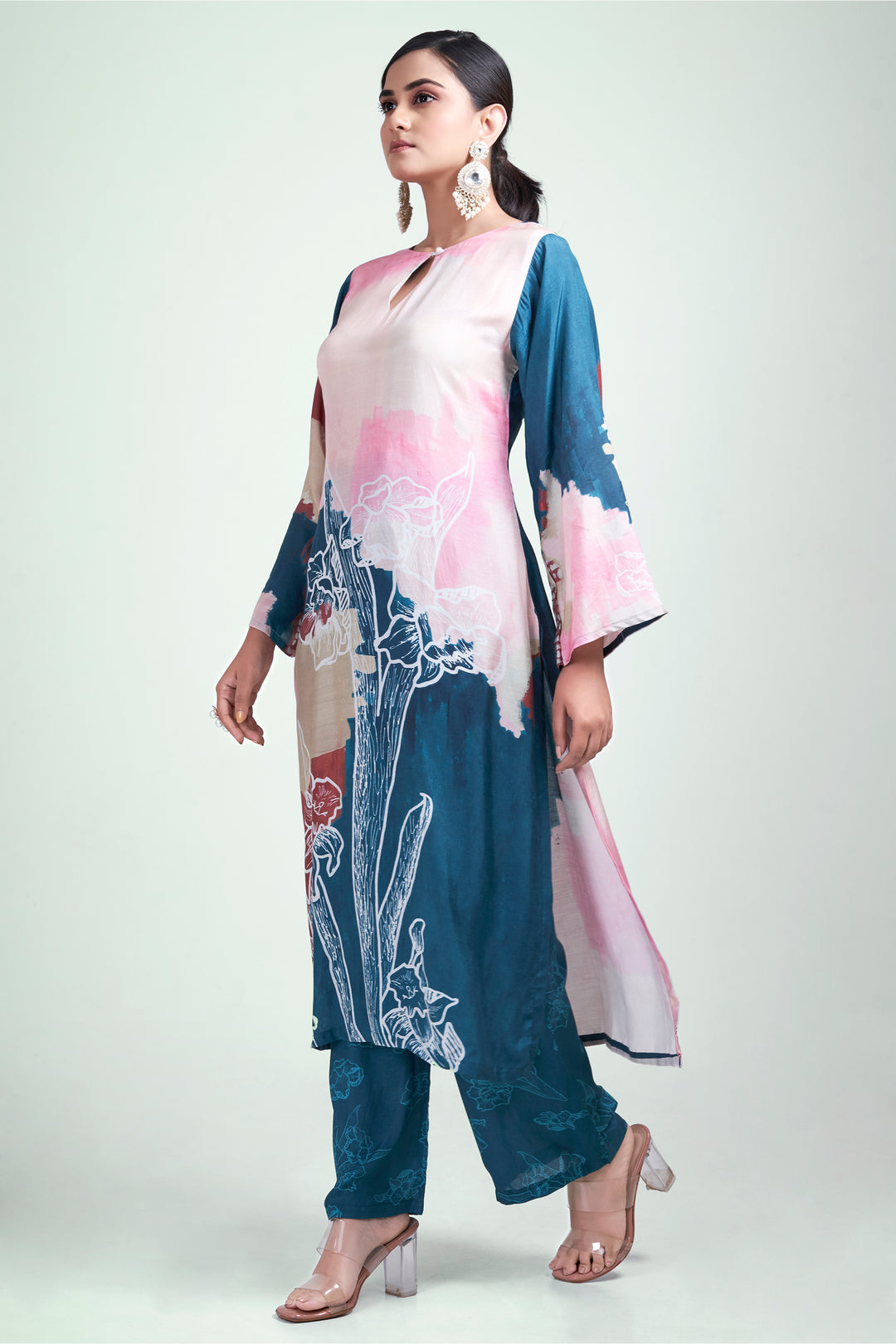 Floral Printed Kurta & Pant - Set of 2 - Blue - Muslin Silk