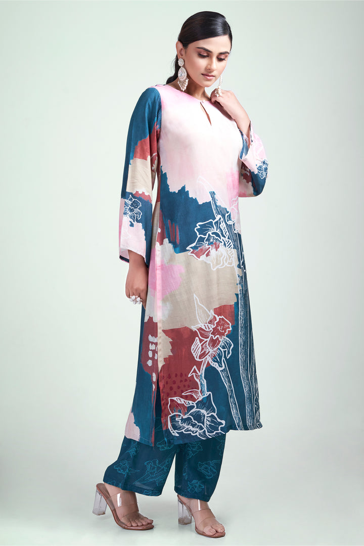 Floral Printed Kurta & Pant - Set of 2 - Blue - Muslin Silk