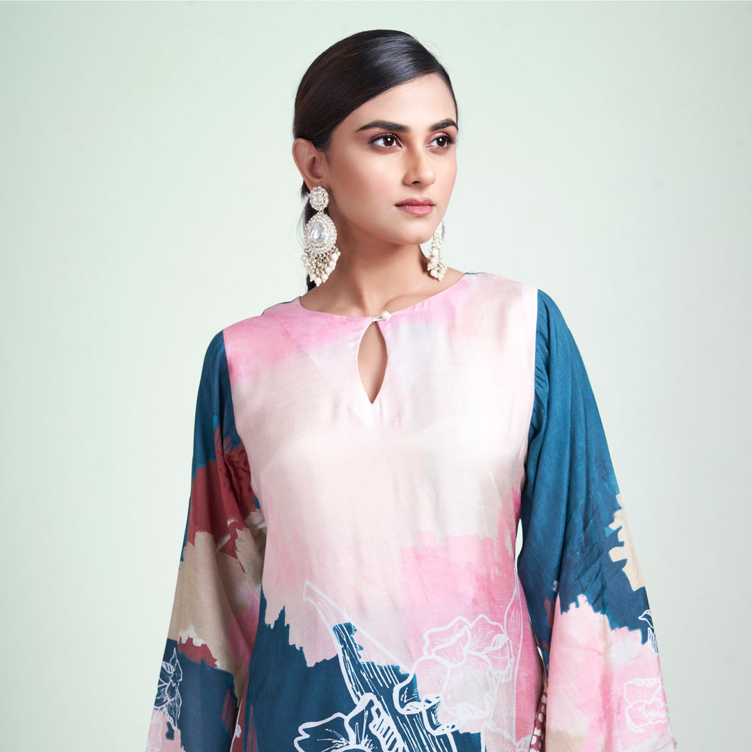 Floral Printed Kurta & Pant - Set of 2 - Blue - Muslin Silk