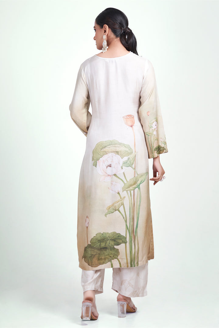 Floral Printed Kurta & Pant - Hand Embroidered - Set of 2 - Beige - Muslin Silk