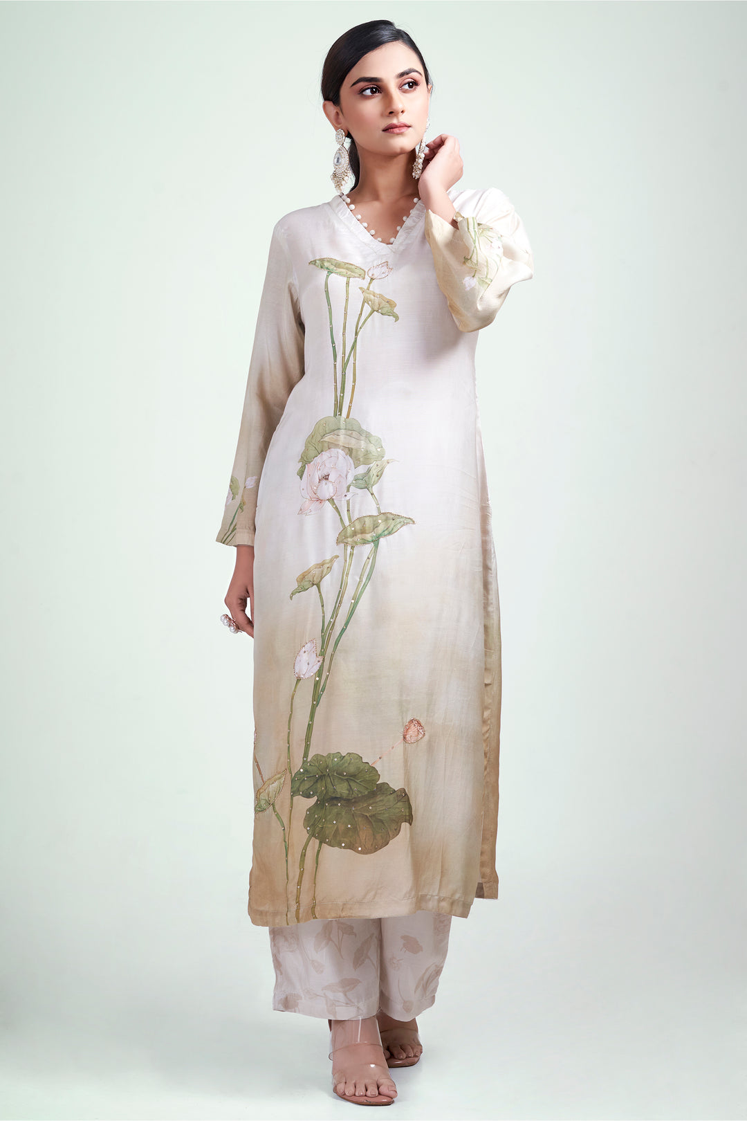 Floral Printed Kurta & Pant - Hand Embroidered - Set of 2 - Beige - Muslin Silk