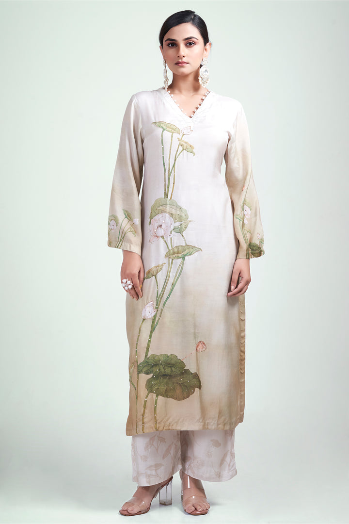 Floral Printed Kurta & Pant - Hand Embroidered - Set of 2 - Beige - Muslin Silk