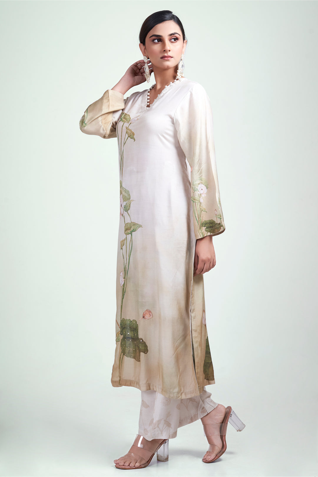 Floral Printed Kurta & Pant - Hand Embroidered - Set of 2 - Beige - Muslin Silk