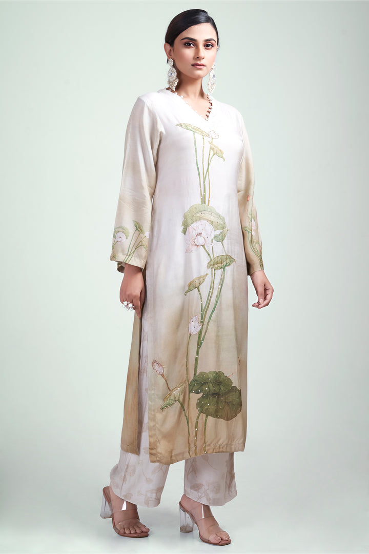 Floral Printed Kurta & Pant - Hand Embroidered - Set of 2 - Beige - Muslin Silk