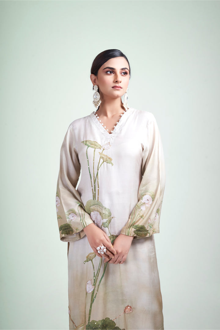 Floral Printed Kurta & Pant - Hand Embroidered - Set of 2 - Beige - Muslin Silk