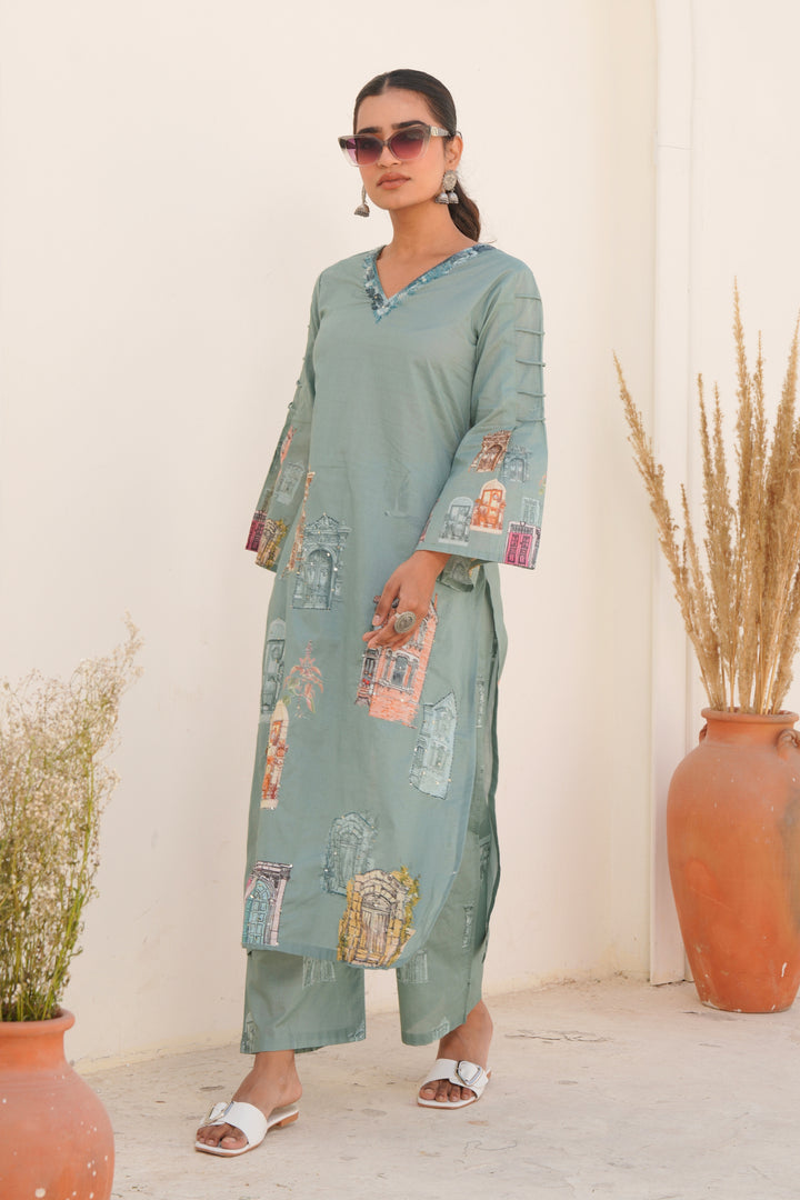 Printed Cotton Kurta & Pant - Hand Embroidered - Set of 2 - Dusty Green