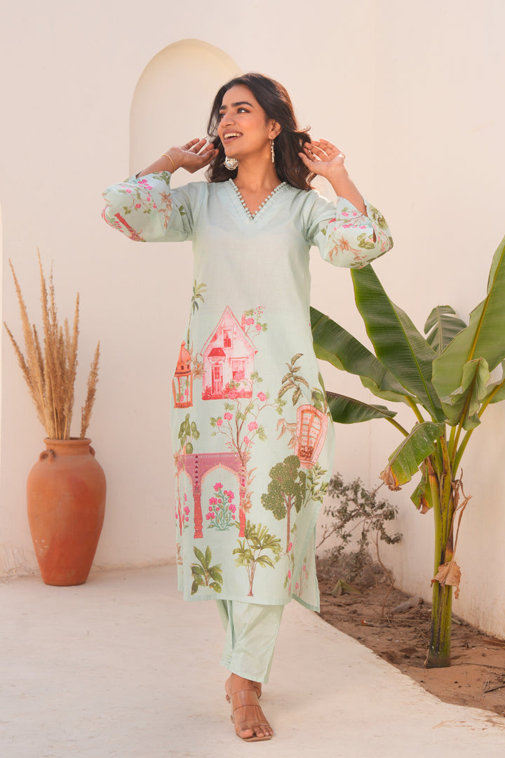 Printed Cotton Kurta & Pant - Hand Embroidered - Set of 2 - Mint Green