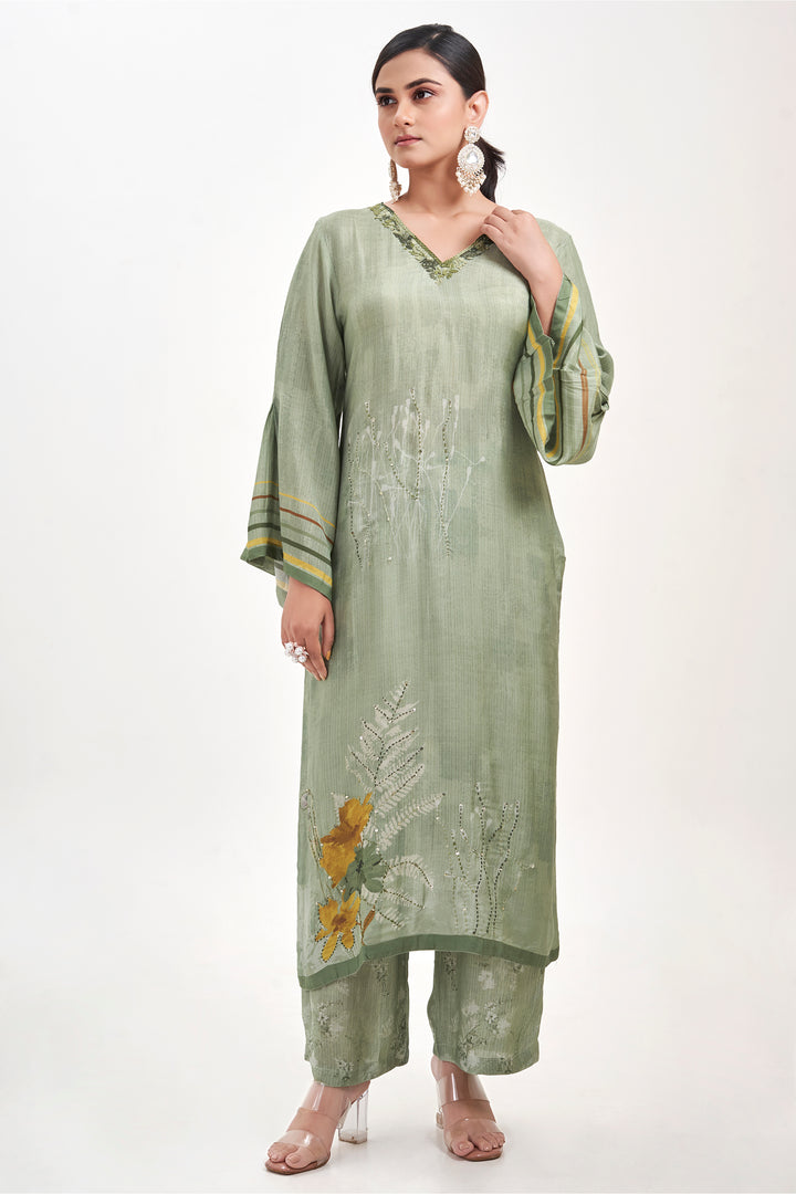 Floral Printed Kurta & Pant - Hand Embroidered - Set of 2 - Green - Muslin Silk