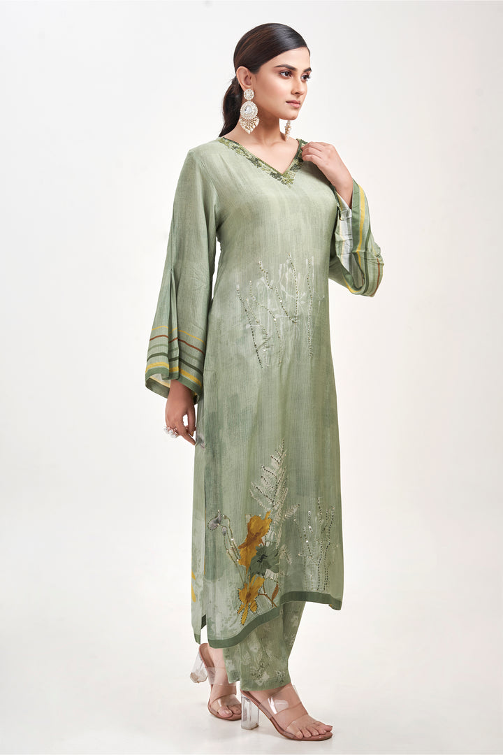 Floral Printed Kurta & Pant - Hand Embroidered - Set of 2 - Green - Muslin Silk