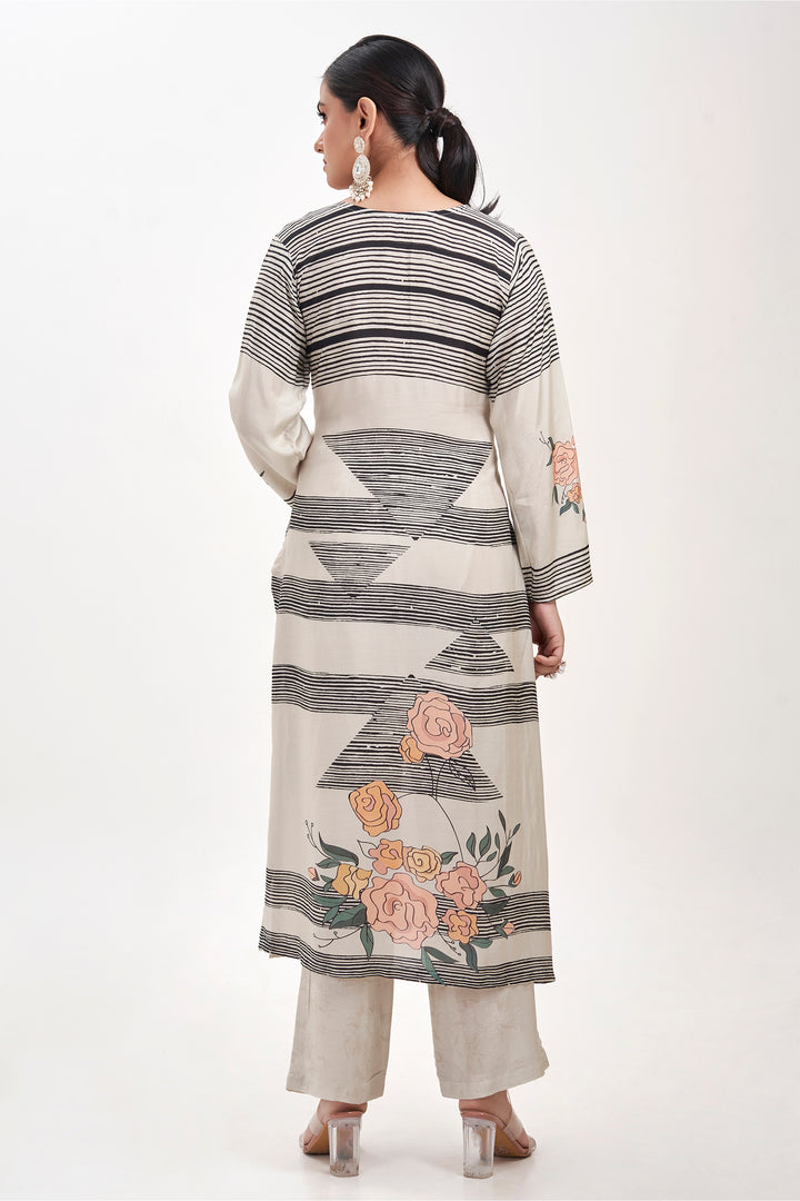 Floral Printed Kurta & Pant - Set of 2 - Off-White - Muslin Silk