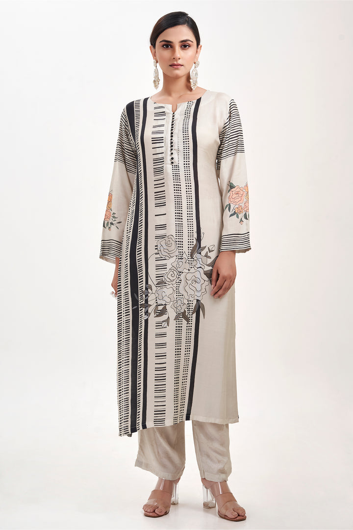 Floral Printed Kurta & Pant - Set of 2 - Off-White - Muslin Silk