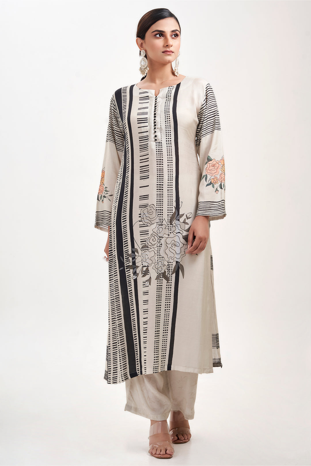 Floral Printed Kurta & Pant - Set of 2 - Off-White - Muslin Silk