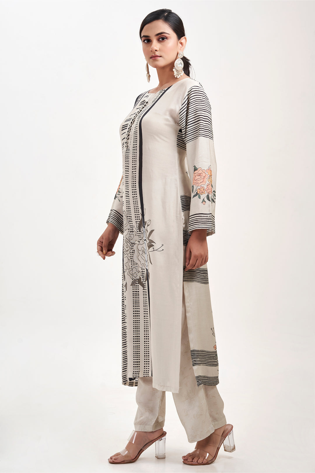 Floral Printed Kurta & Pant - Set of 2 - Off-White - Muslin Silk