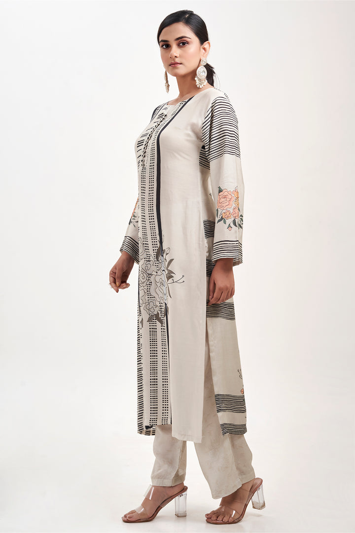 Floral Printed Kurta & Pant - Set of 2 - Off-White - Muslin Silk
