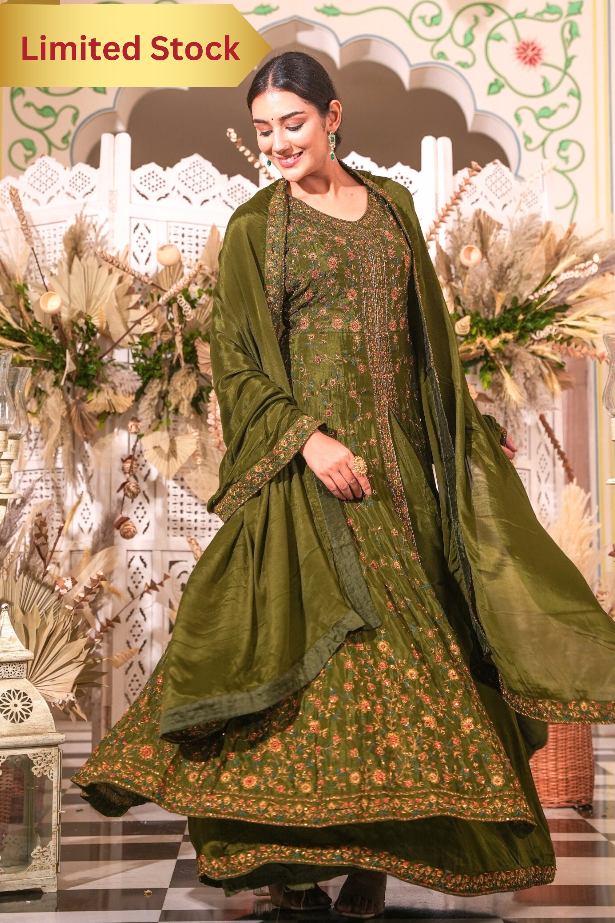 MEHENDI GREEN INDO-WESTERN FRONT SLIT GOWN FOR WOMEN- PAIRED WITH LEHE –  Showstopper