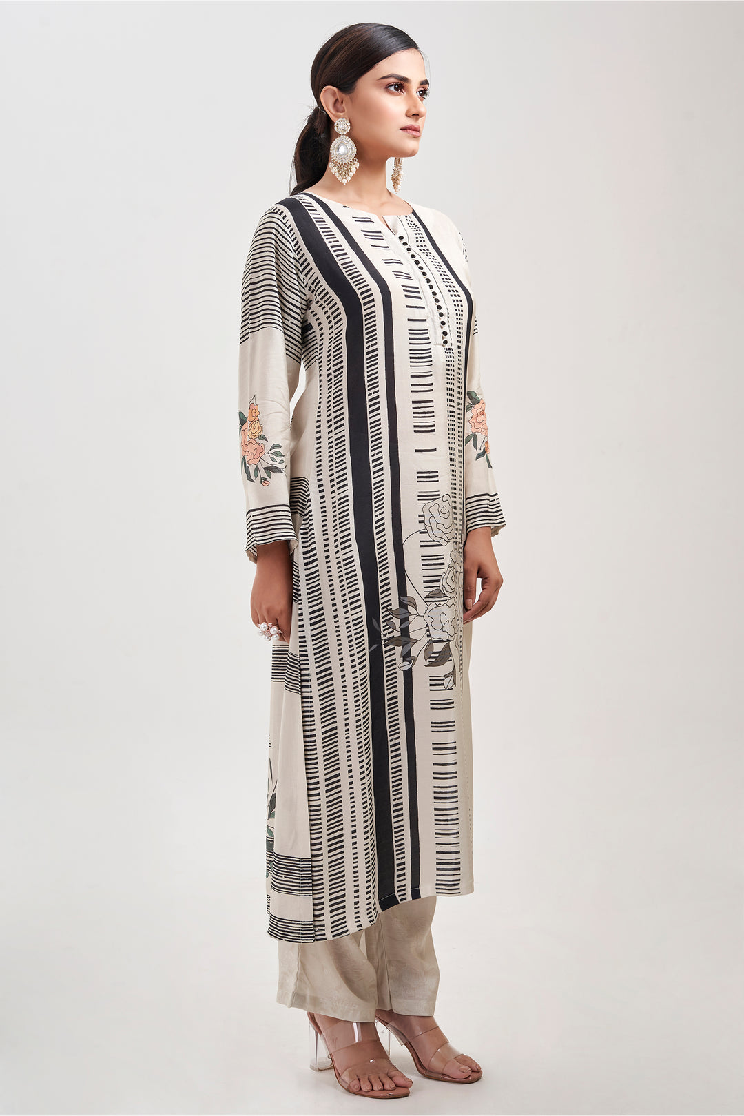 Floral Printed Kurta & Pant - Set of 2 - Off-White - Muslin Silk