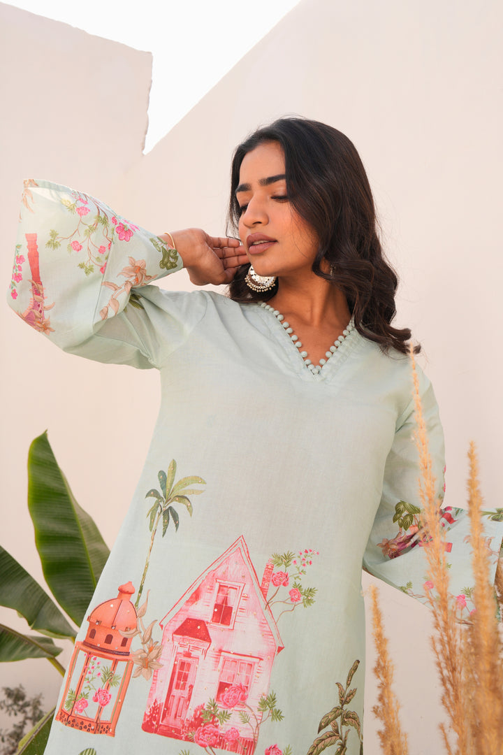 Printed Cotton Kurta & Pant - Hand Embroidered - Set of 2 - Mint Green