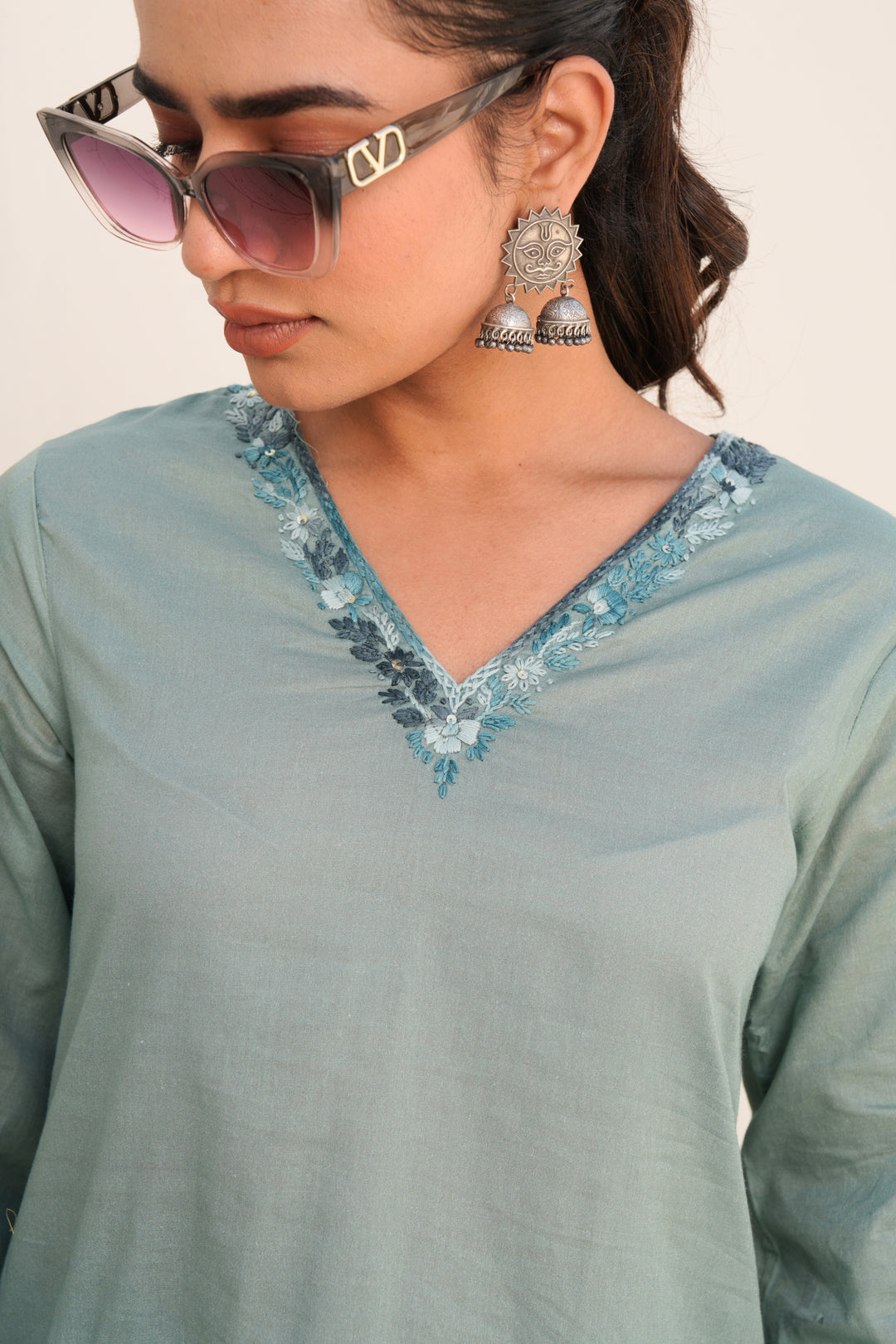 Printed Cotton Kurta & Pant - Hand Embroidered - Set of 2 - Dusty Green