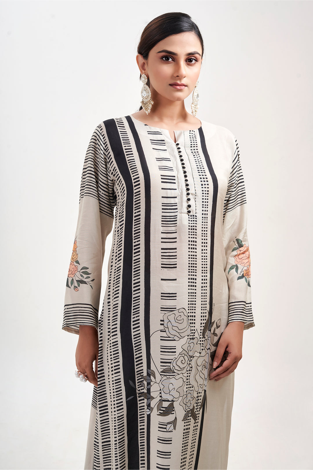 Floral Printed Kurta & Pant - Set of 2 - Off-White - Muslin Silk