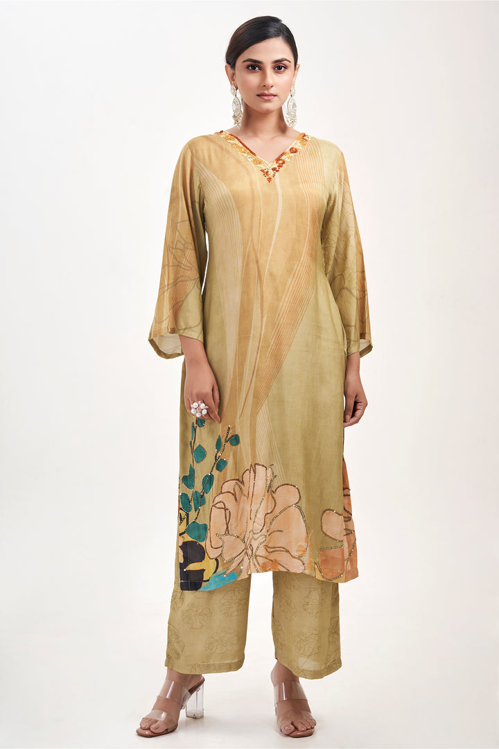 Floral Printed Kurta & Pant - Hand Embroidered - Set of 2 - Sand Brown - Muslin Silk