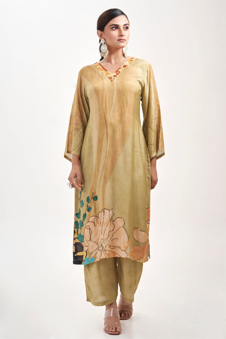 Floral Printed Kurta & Pant - Hand Embroidered - Set of 2 - Sand Brown - Muslin Silk