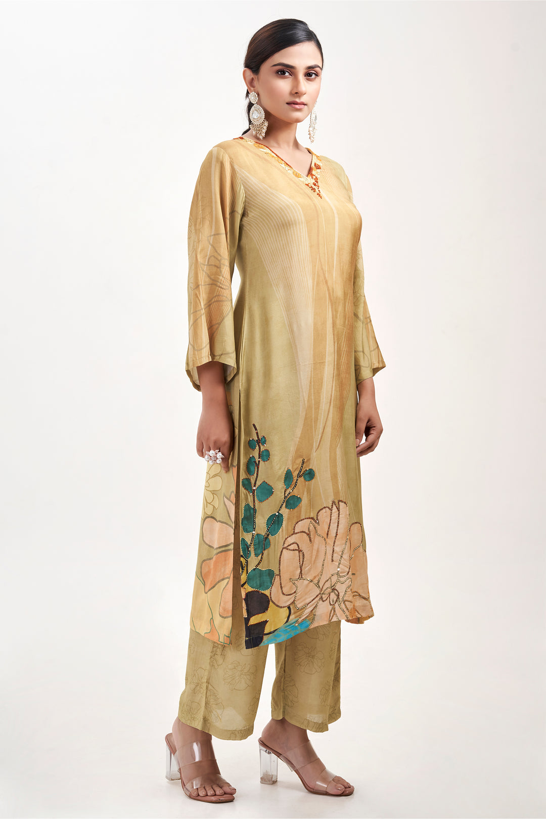 Floral Printed Kurta & Pant - Hand Embroidered - Set of 2 - Sand Brown - Muslin Silk