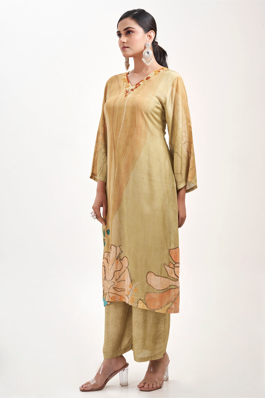 Floral Printed Kurta & Pant - Hand Embroidered - Set of 2 - Sand Brown - Muslin Silk