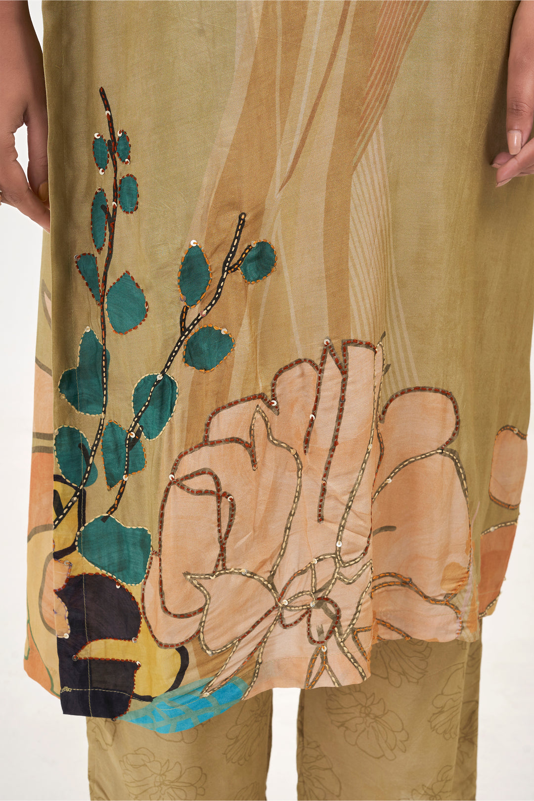 Floral Printed Kurta & Pant - Hand Embroidered - Set of 2 - Sand Brown - Muslin Silk