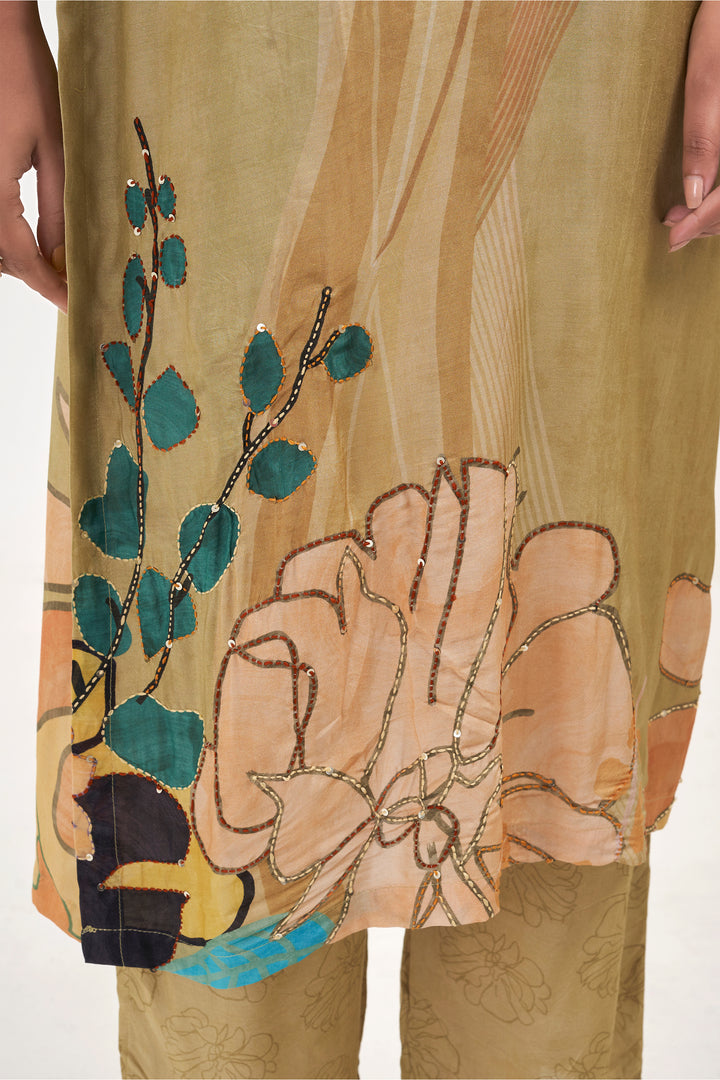 Floral Printed Kurta & Pant - Hand Embroidered - Set of 2 - Sand Brown - Muslin Silk
