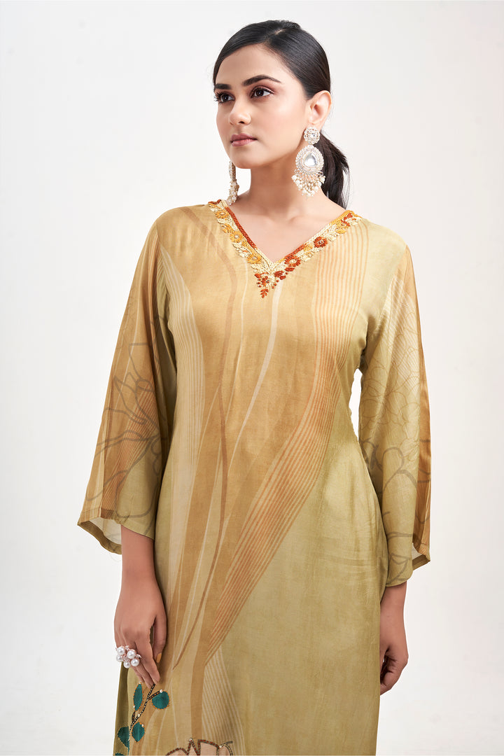 Floral Printed Kurta & Pant - Hand Embroidered - Set of 2 - Sand Brown - Muslin Silk