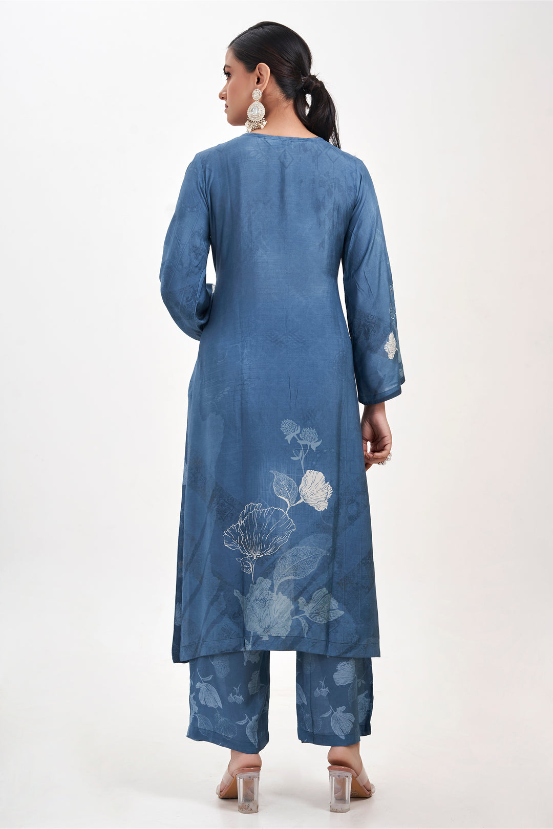 Floral Printed Kurta & Pant - Hand Embroidered - Set of 2 - Blue - Muslin Silk
