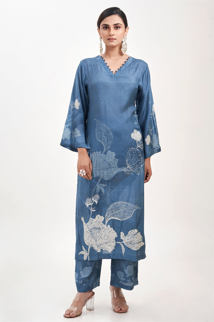 Floral Printed Kurta & Pant - Hand Embroidered - Set of 2 - Blue - Muslin Silk