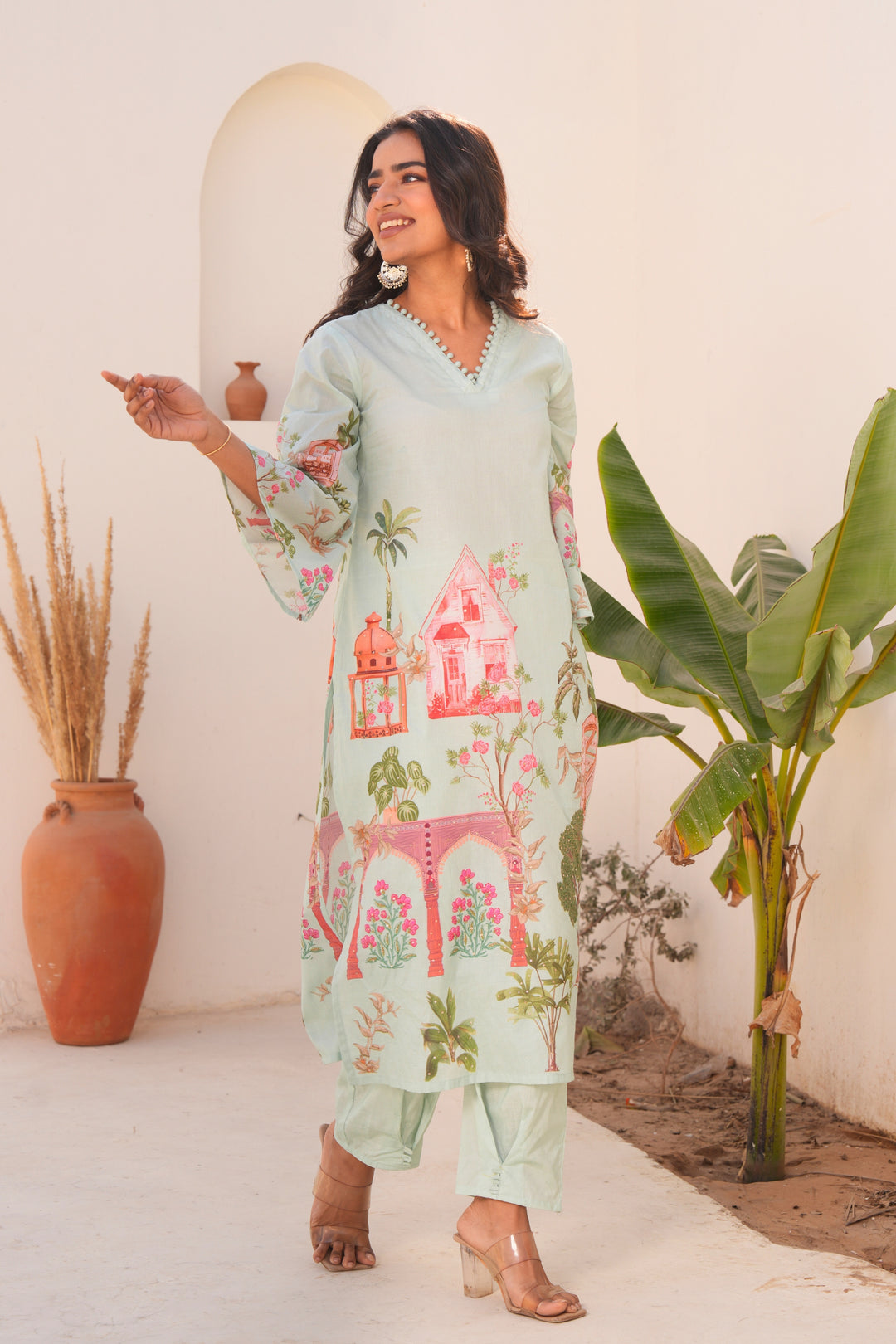 Printed Cotton Kurta & Pant - Hand Embroidered - Set of 2 - Mint Green