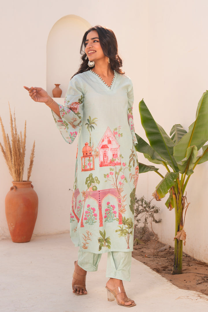 Printed Cotton Kurta & Pant - Hand Embroidered - Set of 2 - Mint Green