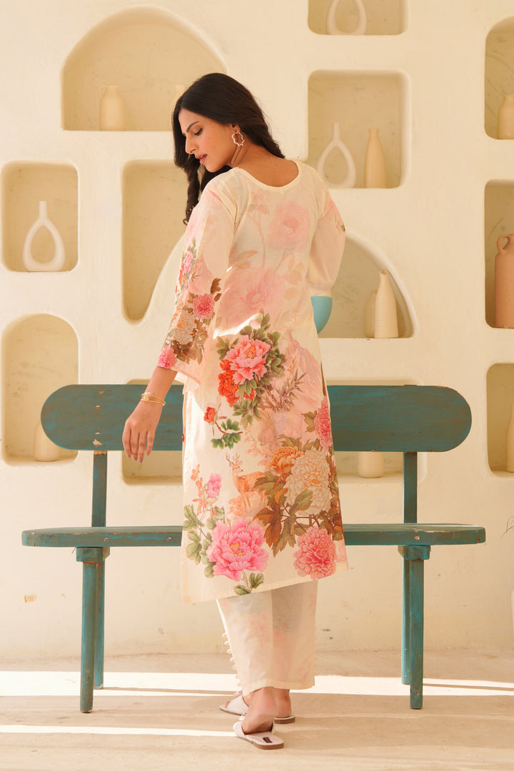 Printed Cotton Kurta & Pant - Hand Embroidered- Set of 2 - Off White