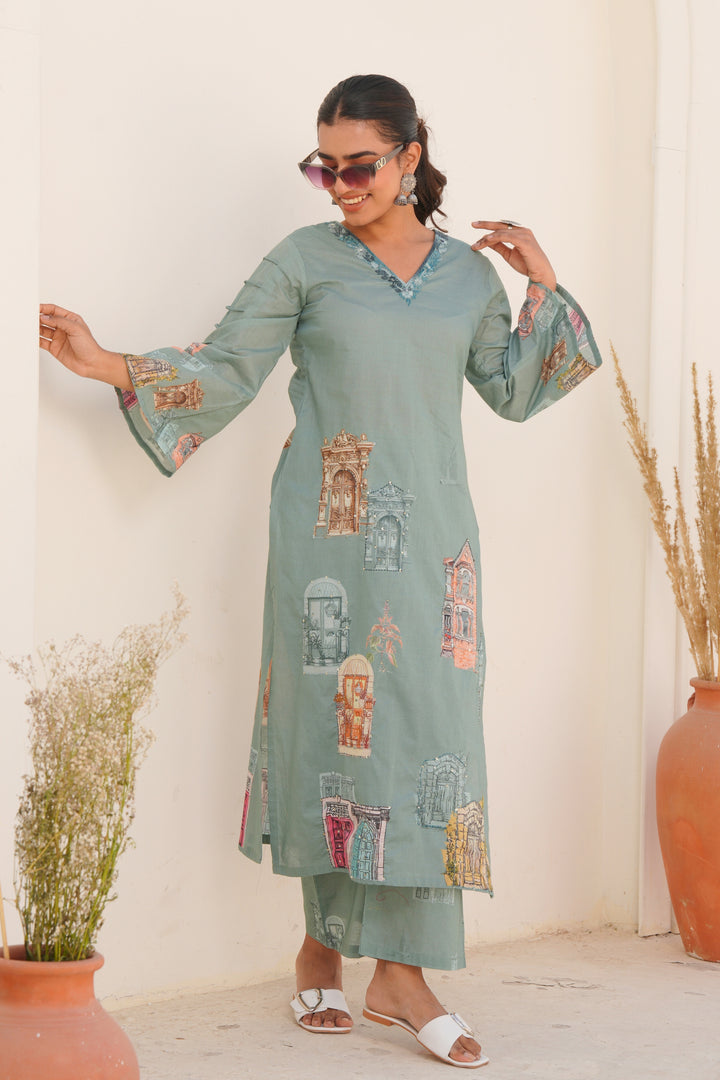 Printed Cotton Kurta & Pant - Hand Embroidered - Set of 2 - Dusty Green
