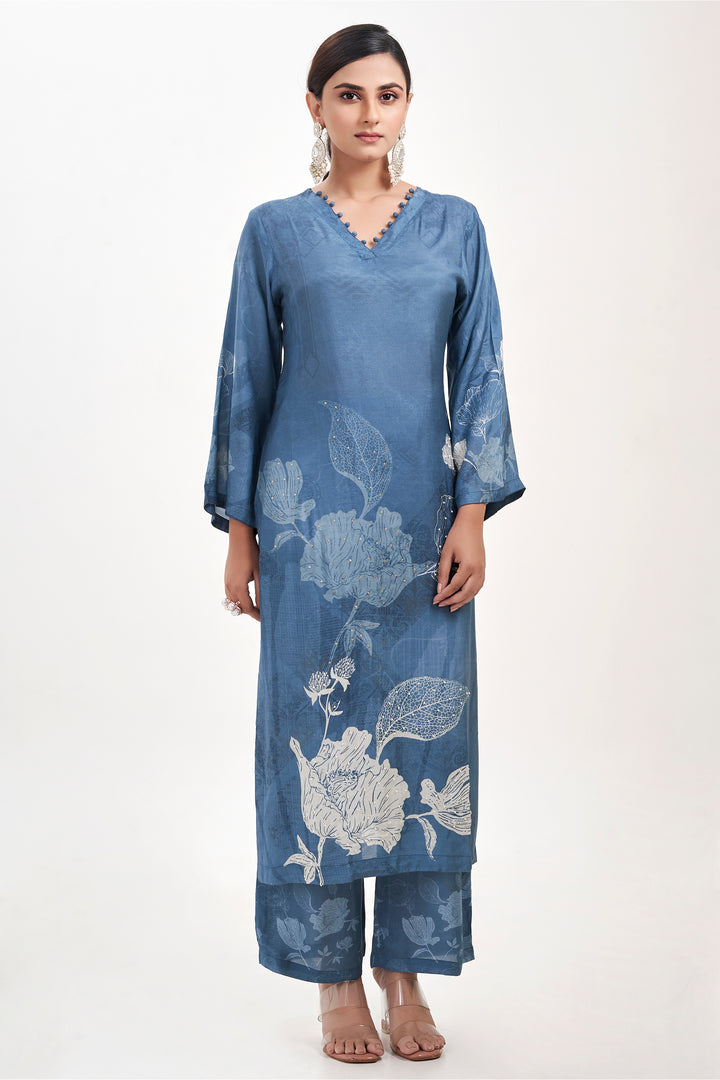 Floral Printed Kurta & Pant - Hand Embroidered - Set of 2 - Blue - Muslin Silk