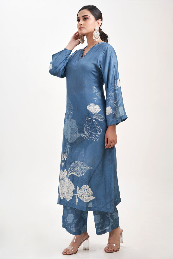 Floral Printed Kurta & Pant - Hand Embroidered - Set of 2 - Blue - Muslin Silk