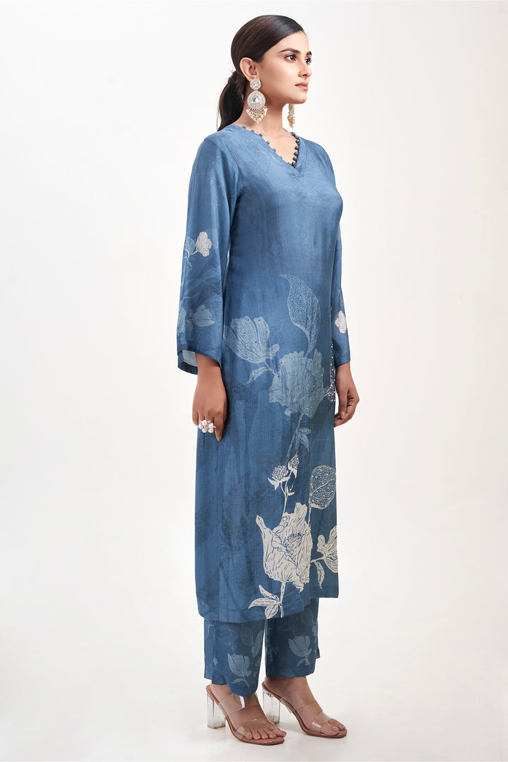 Floral Printed Kurta & Pant - Hand Embroidered - Set of 2 - Blue - Muslin Silk