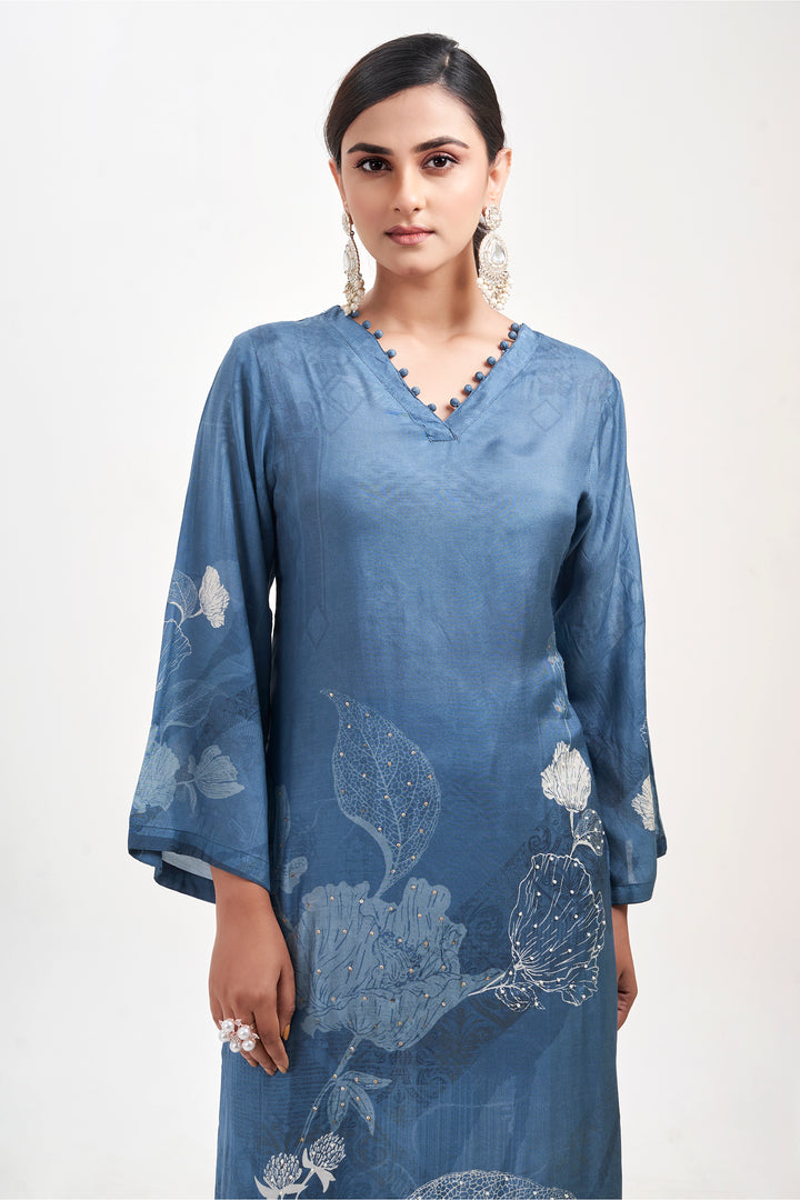 Floral Printed Kurta & Pant - Hand Embroidered - Set of 2 - Blue - Muslin Silk